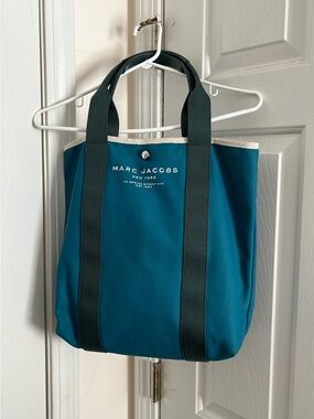 Marc Jacobs Teal Canvas  Tote with Dark Green Straps like new clean interior